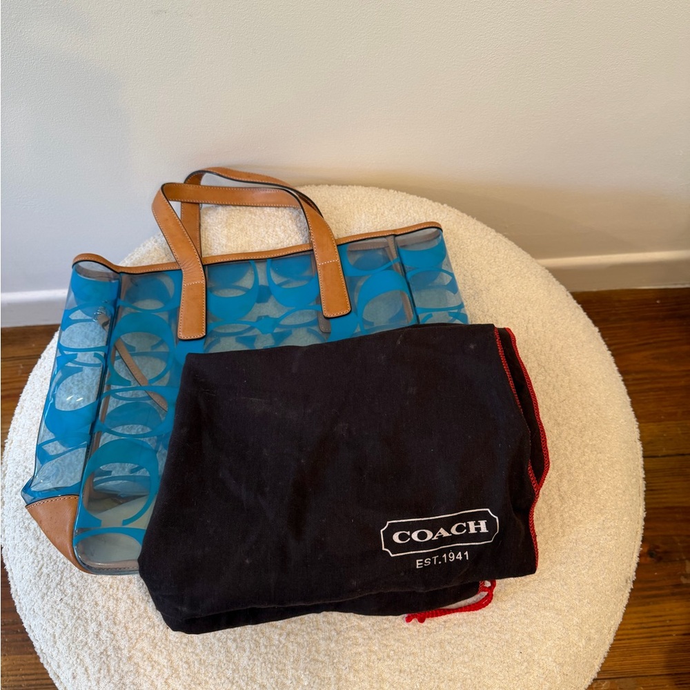 Coach Clear Signature PVC Tote with Blue Print and Tan Leather - Picture 7 of 7